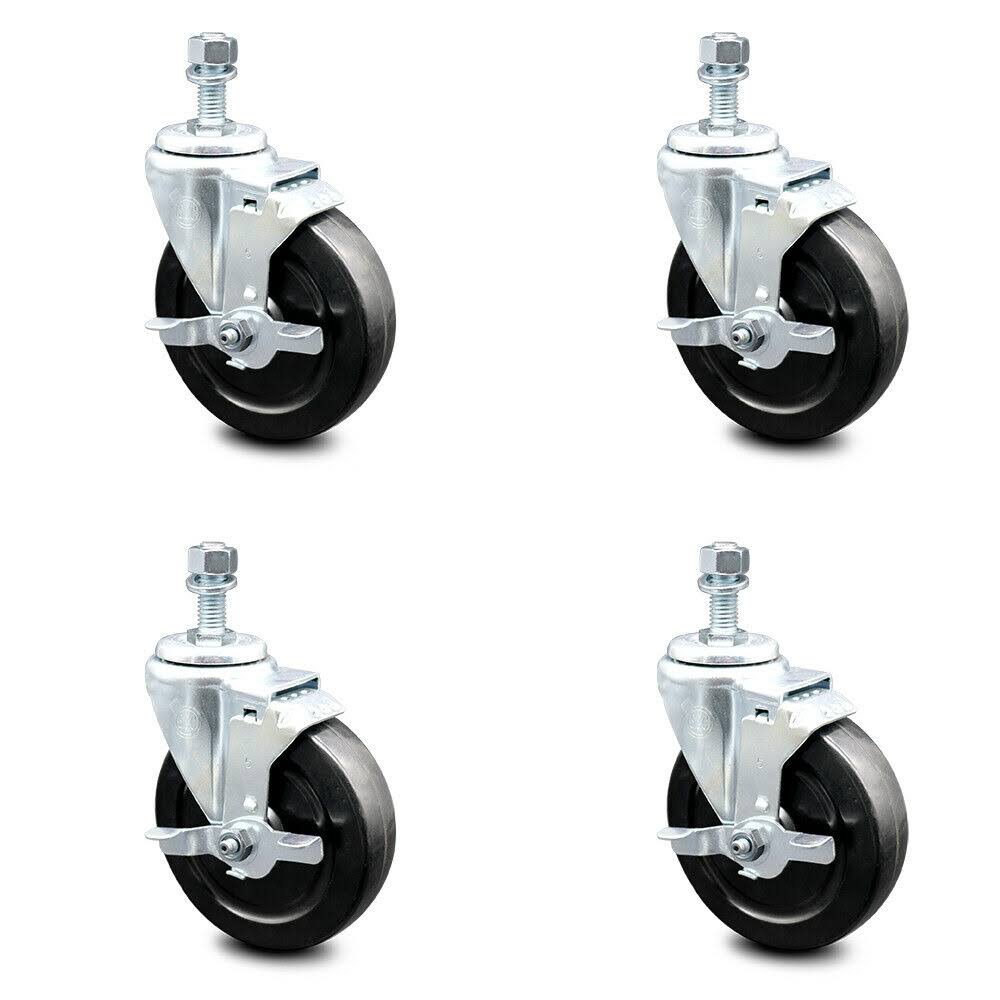 5 inch Hard Rubber Wheel Swivel Threaded Stem Caster Set with Brake G50790