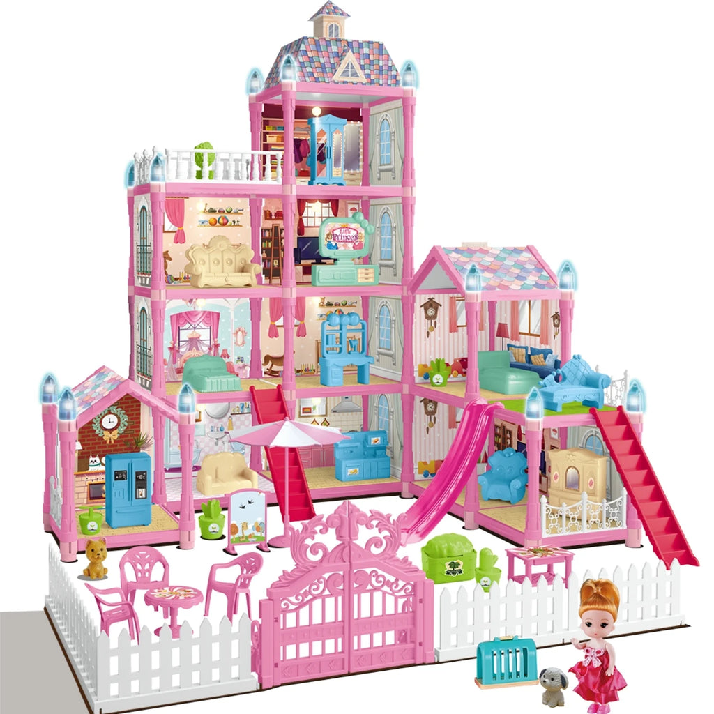 275PCS Dollhouse Kit with 11 Room Furniture Pink Princess Castle Playhouse S34784