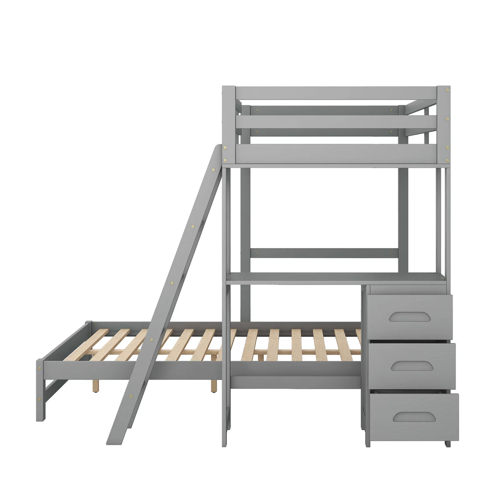 Gray Twin over Full Bunk Bed with Desk and Drawers Q735824