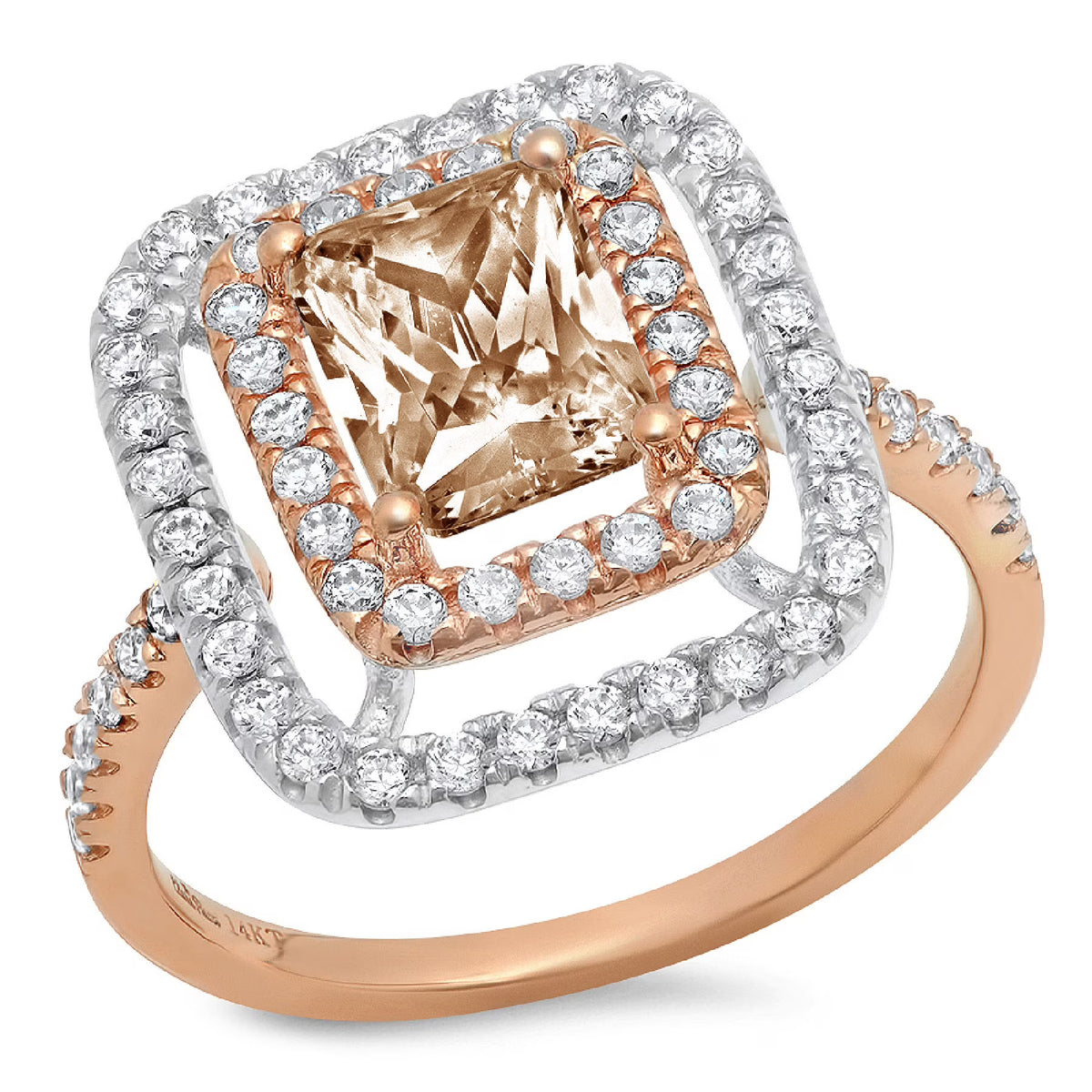 2.63ct emerald cut champagne simulated diamond 18k rose white gold halo ring size 5.25 M2606