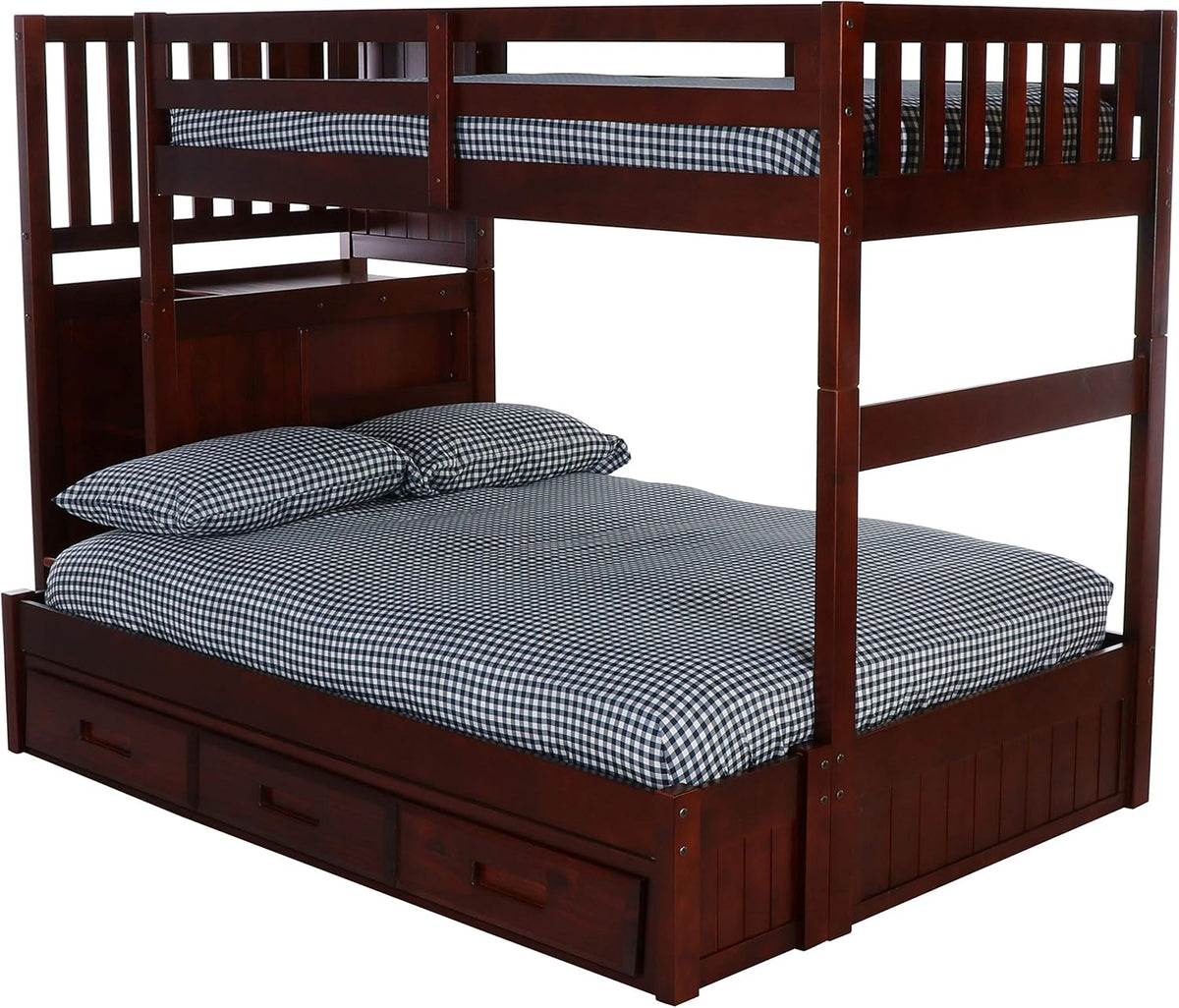 Twin Over Full Staircase Bunk Bed with 3 Drawers in Merlot Finish R724799