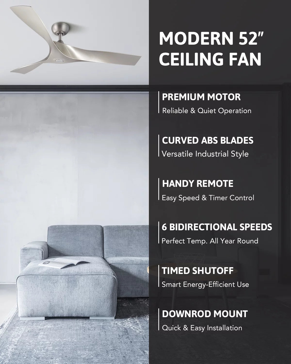52" Farmhouse Ceiling Fan with Remote 6 Speeds Silver Y16025