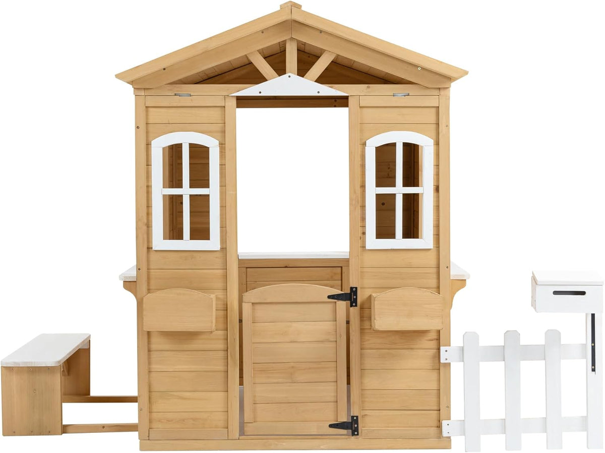 Natural Wooden Playhouse with Working Door, Windows, Mailbox, Bench, Flowers Pot Holder W144