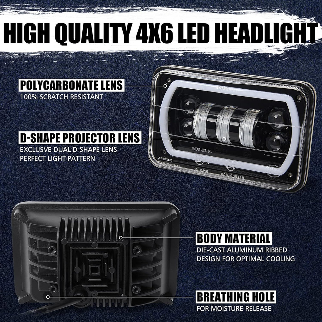 4x6 Led Headlight Halo White DRL Amber Turn Signal 2PC Pack D56531