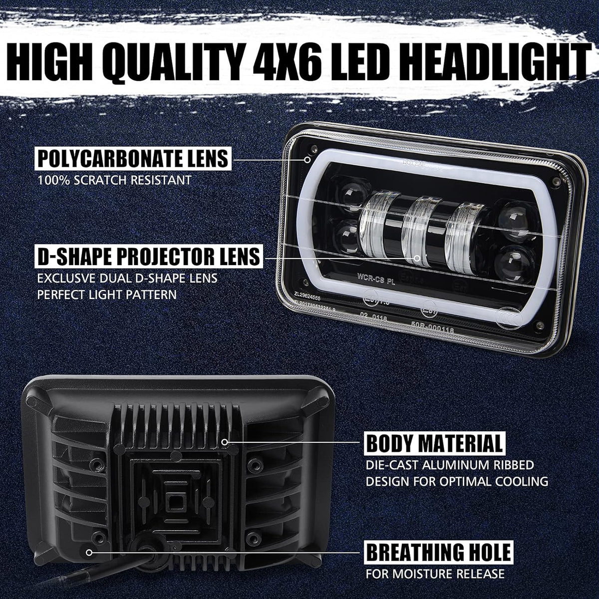 4x6 Led Headlight Halo White DRL Amber Turn Signal 2PC Pack D56531