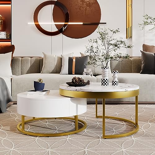 Round Lift-top Nesting Coffee Tables with 2 Drawers White & Natural Y3507