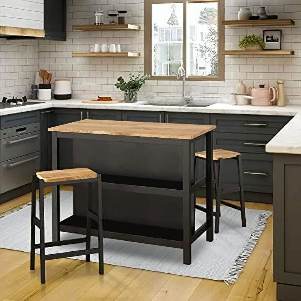 3 Piece Black Wood Dining Table Set with 2 Stools P358