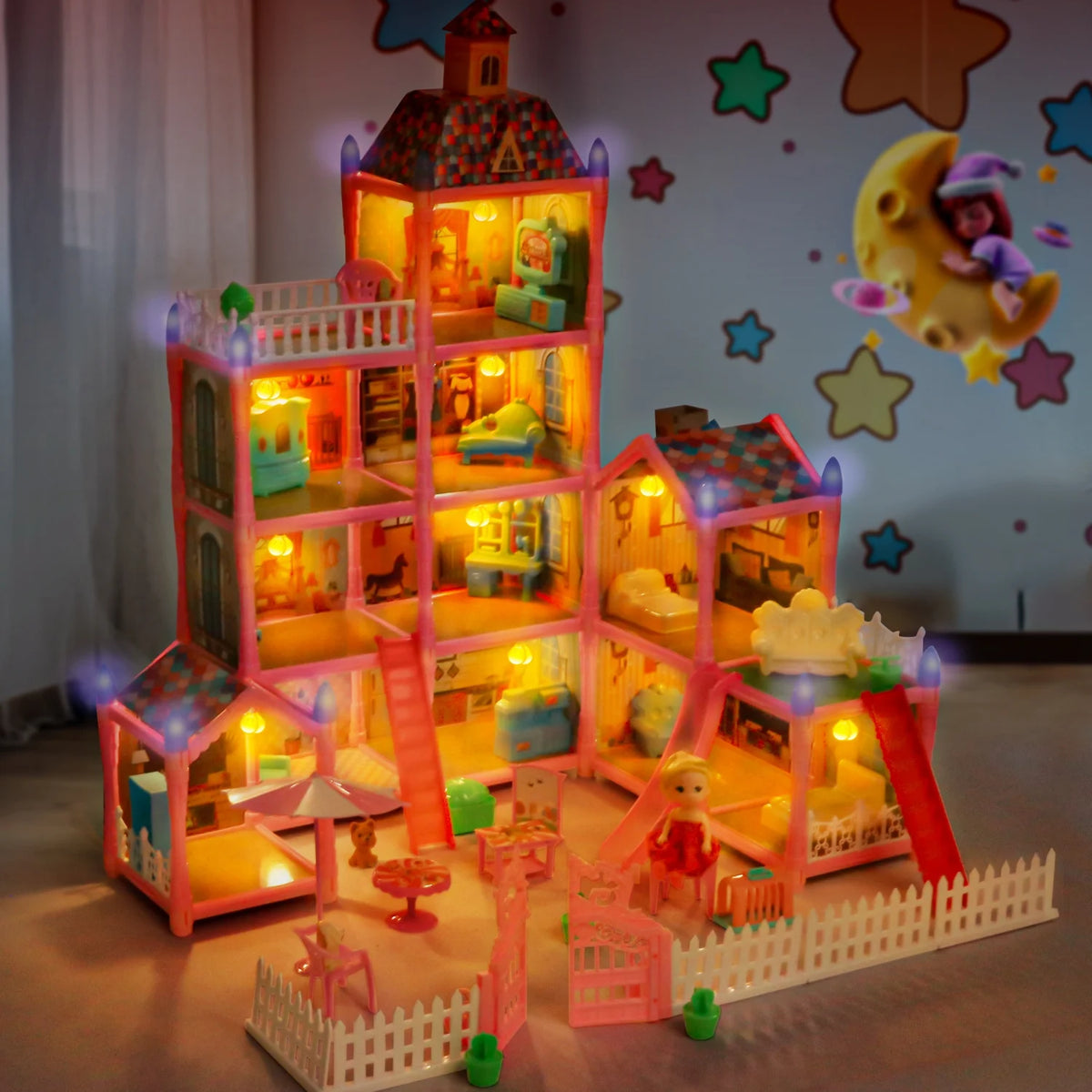 275PCS Dollhouse Kit with 11 Room Furniture Pink Princess Castle Playhouse S34784