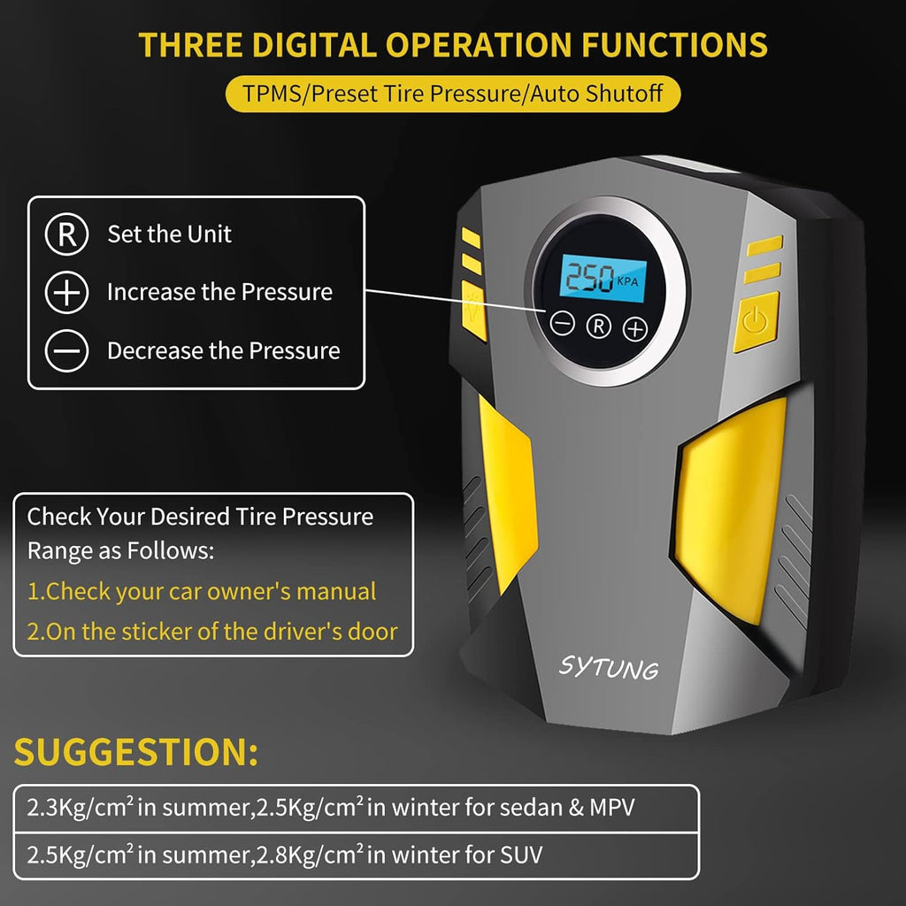 Tire Inflator Portable Air Compressor with 3 Nozzle Adaptors and Digital LED Light, DC 12V Electric Air Pump O240