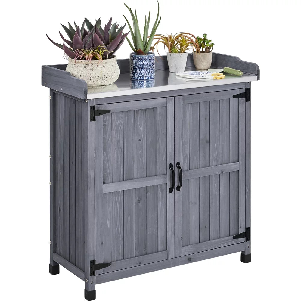 Wooden Garden Potting Bench Table with Cabinet V71419