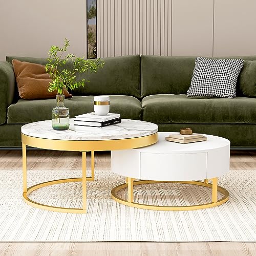 Round Lift-top Nesting Coffee Tables with 2 Drawers White & Natural Y3507