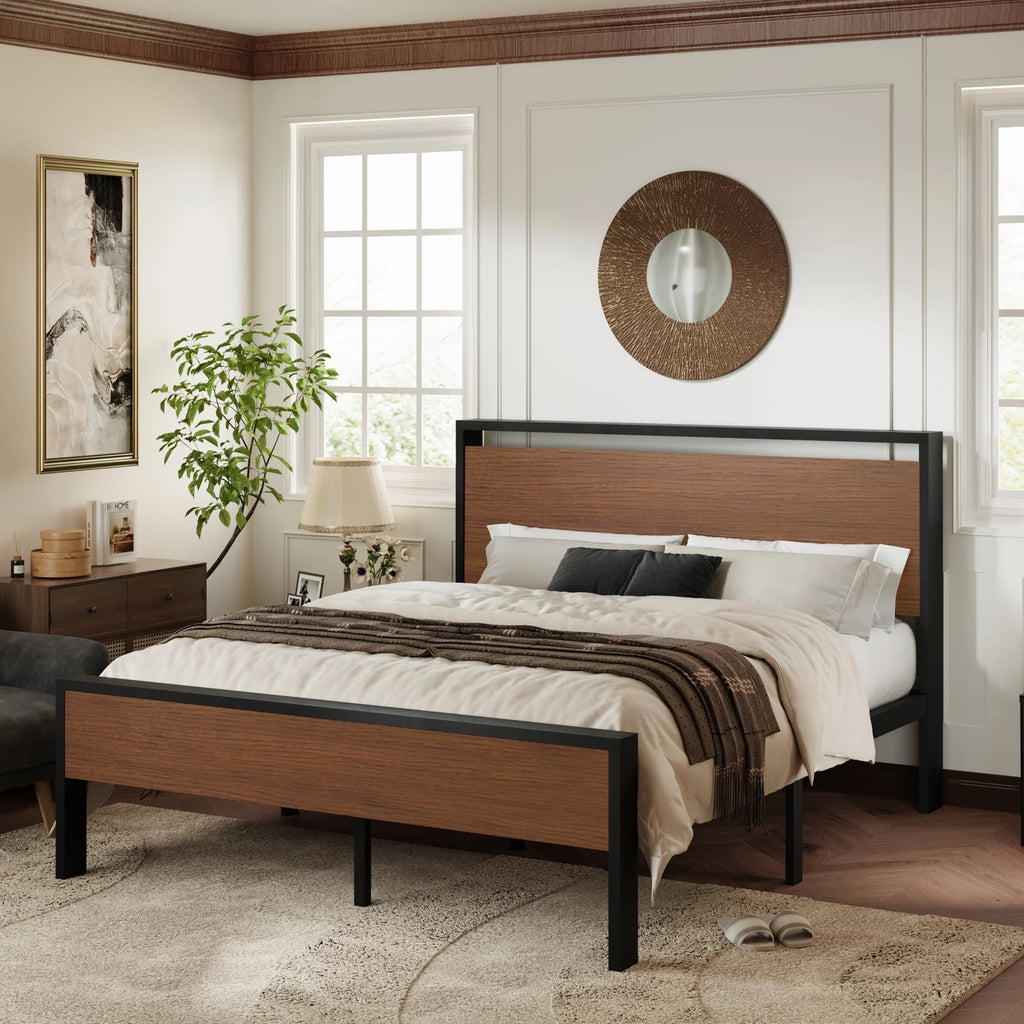 Queen Size Metal Platform Bed Frame with Wood Headboard and Footboard Z4458