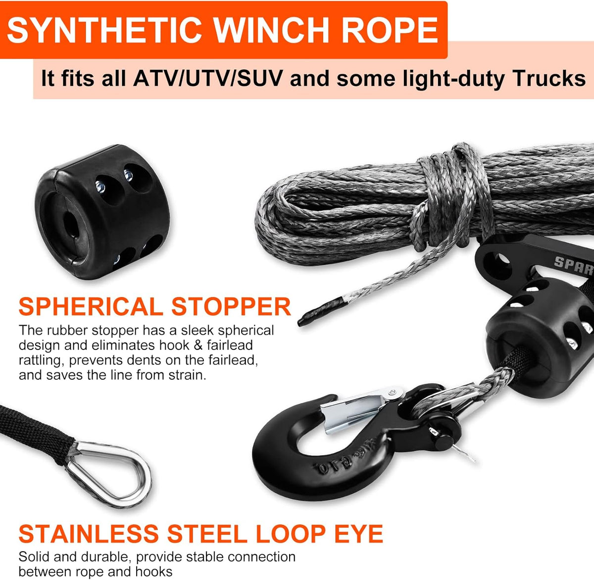 Synthetic Winch Rope Kit, 1/4" x 50ft 8200 LBS with Protective Sleeve, Fairlead, Stopper, Hook, Pack of 2 I611