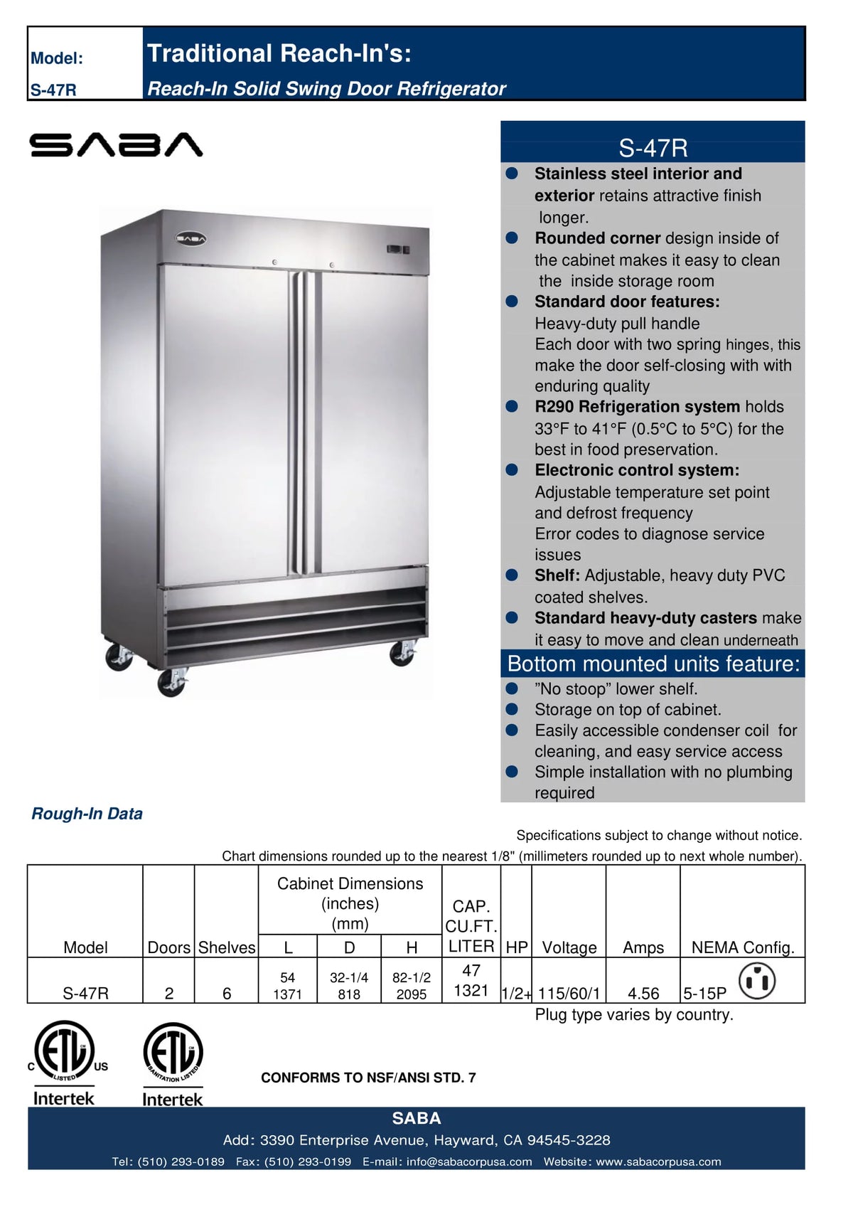 47 cu ft Solid Stainless Steel Reach-In Refrigerator (2 Door) G207