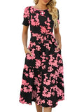 Women's Casual Summer Tiered Midi Dress Short Sleeve Belted Ruffle Boho Sundress with Pockets A210