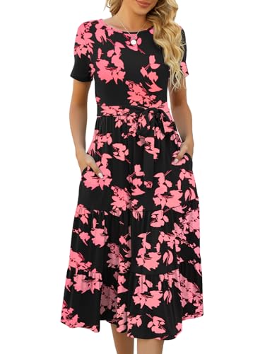 Women's Casual Summer Tiered Midi Dress Short Sleeve Belted Ruffle Boho Sundress with Pockets A210
