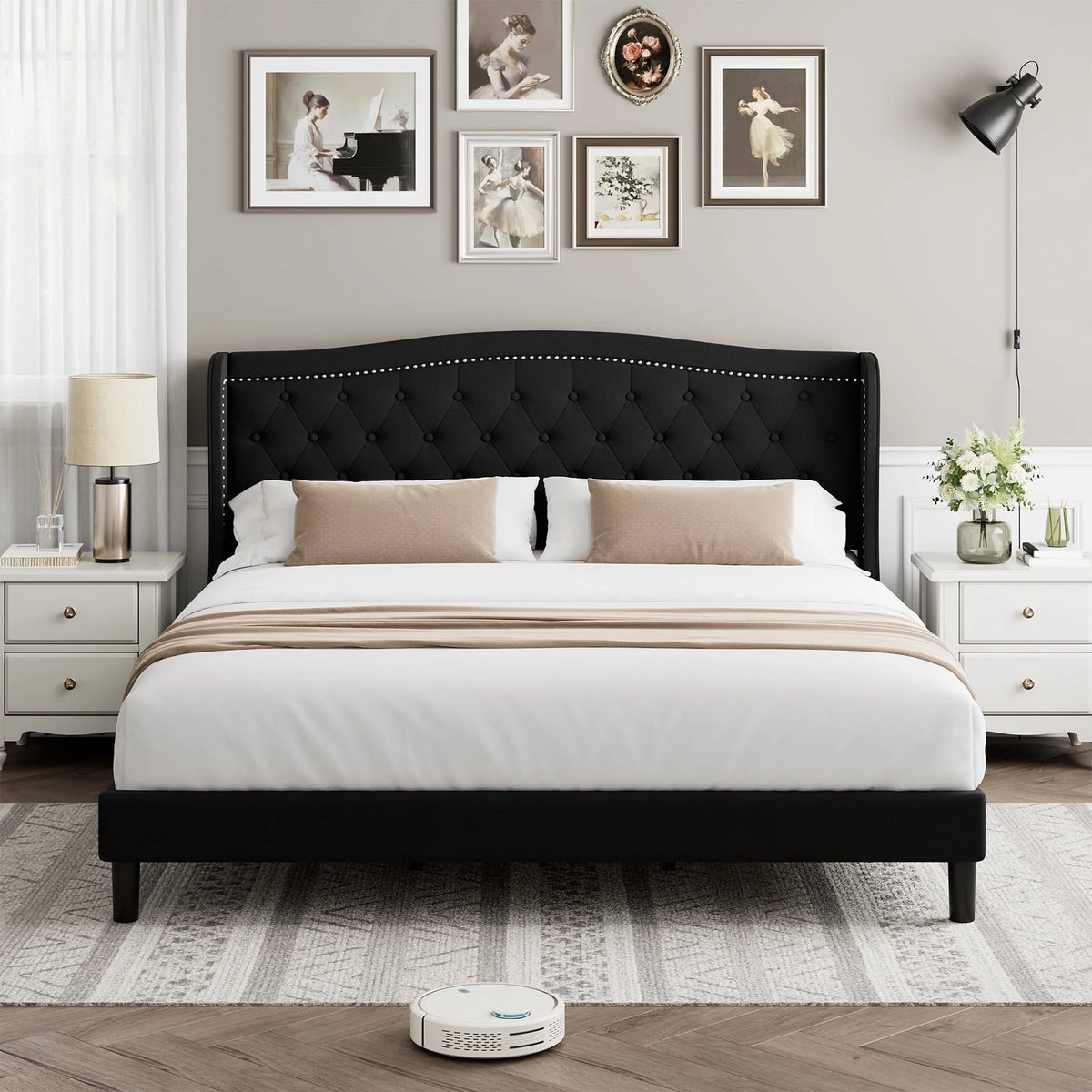 King Bed Frame with Wing-Back Button Tufted Headboard C461403