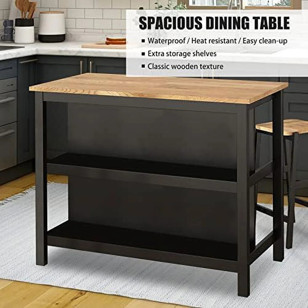 3 Piece Black Wood Dining Table Set with 2 Stools P358