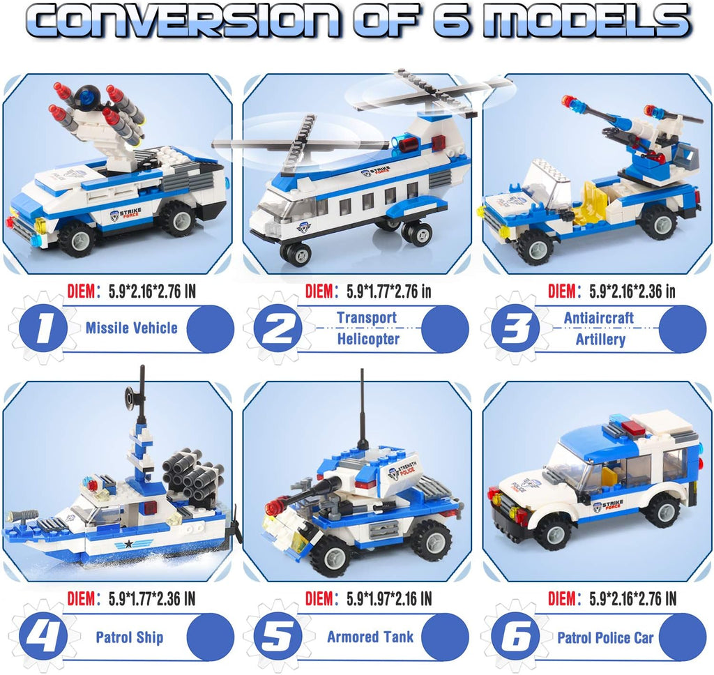 1169 Pieces 6 in 1 City Police Building Blocks Kit with Storage Box K822