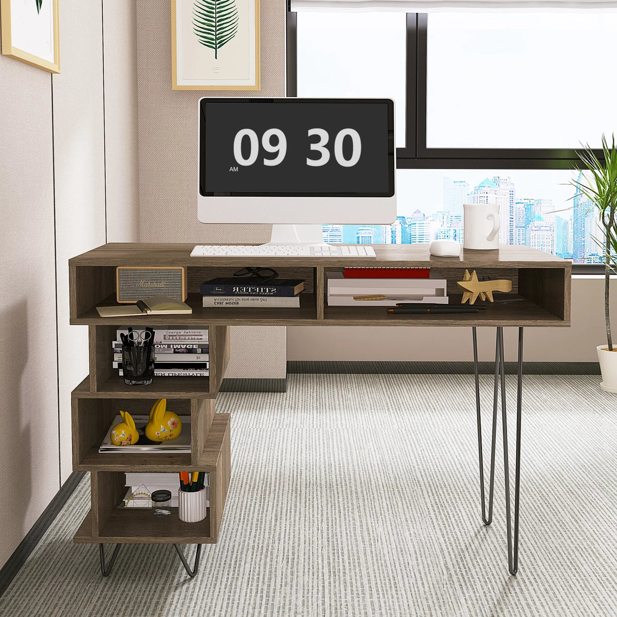 Brown Computer Desk with V-Shaped Iron Leg S86609