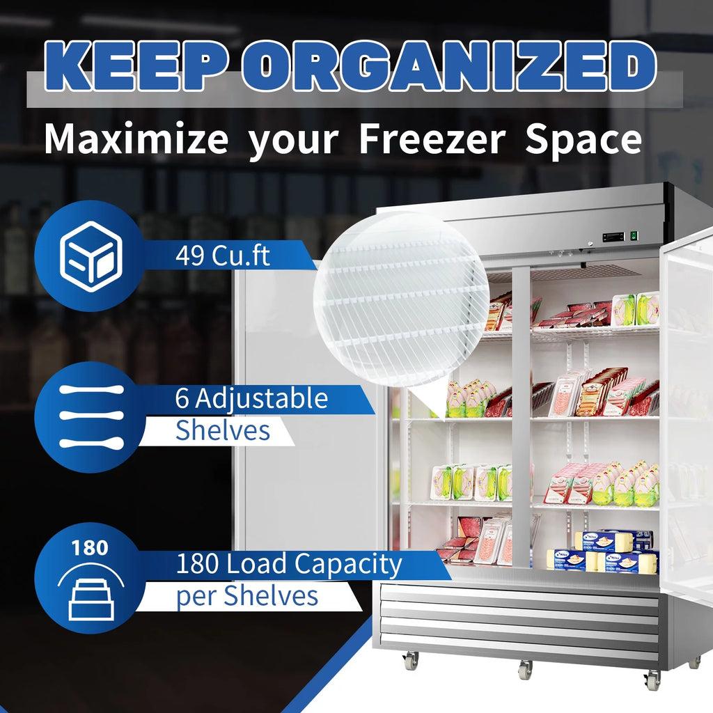 54" 2-Door 49 Cu.Ft Stainless Steel Reach-in Refrigerator with Lock J491