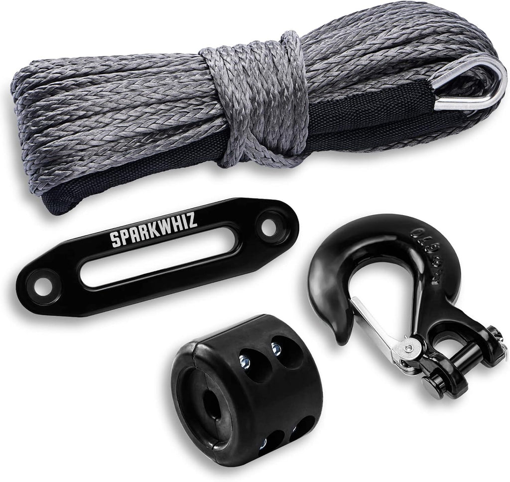 Synthetic Winch Rope Kit, 1/4" x 50ft 8200 LBS with Protective Sleeve, Fairlead, Stopper, Hook, Pack of 2 I611