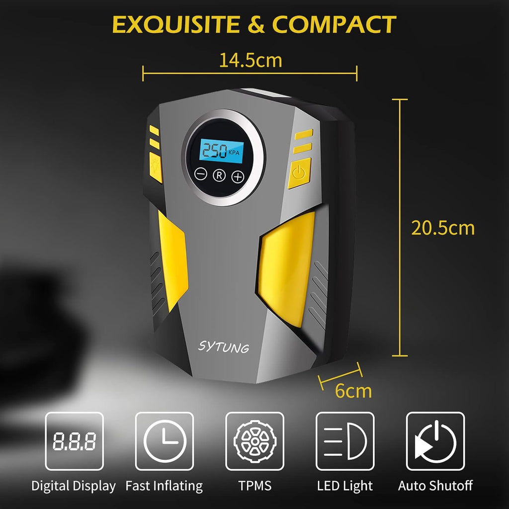 Tire Inflator Portable Air Compressor with 3 Nozzle Adaptors and Digital LED Light, DC 12V Electric Air Pump O240
