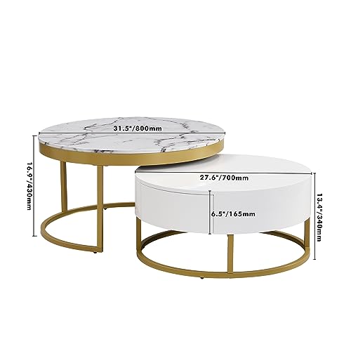Round Lift-top Nesting Coffee Tables with 2 Drawers White & Natural Y3507