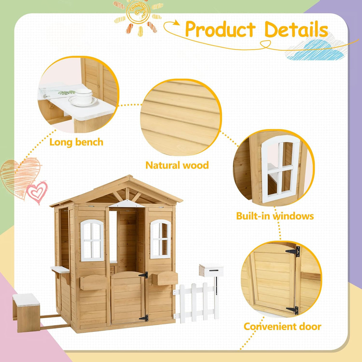 Natural Wooden Playhouse with Working Door, Windows, Mailbox, Bench, Flowers Pot Holder W144