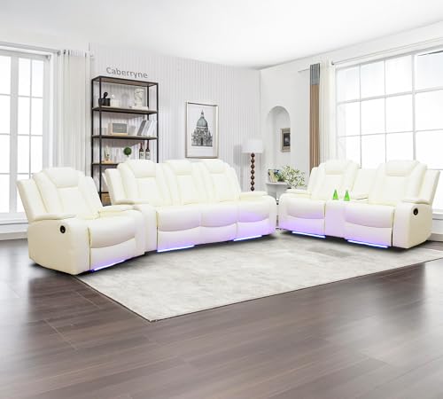 Black 3 Piece Leather Power Reclining Sofa Set with LED Lights E755387