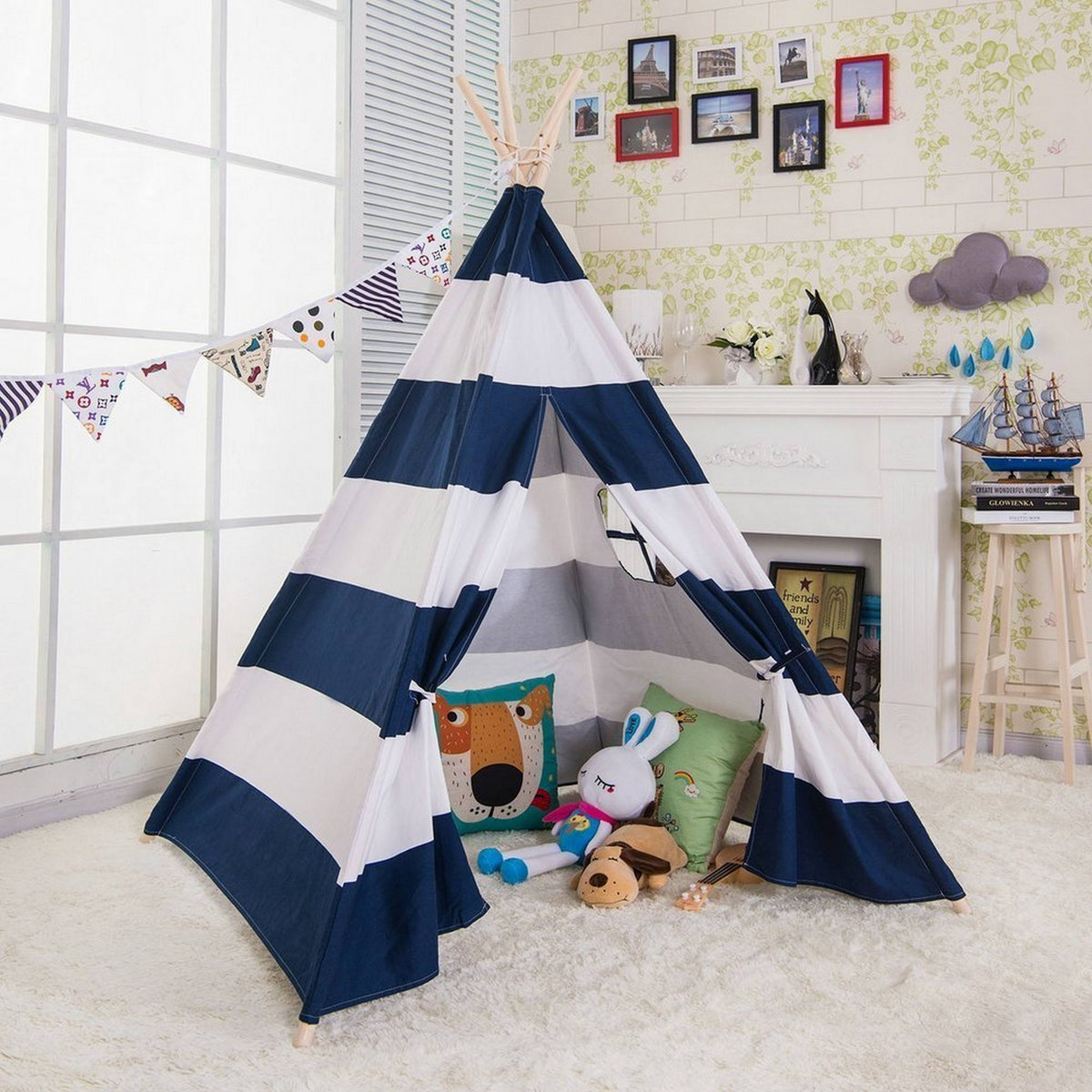 Natural Cotton Canvas Teepee Tent - 1pc - BlueWideStripe U58676