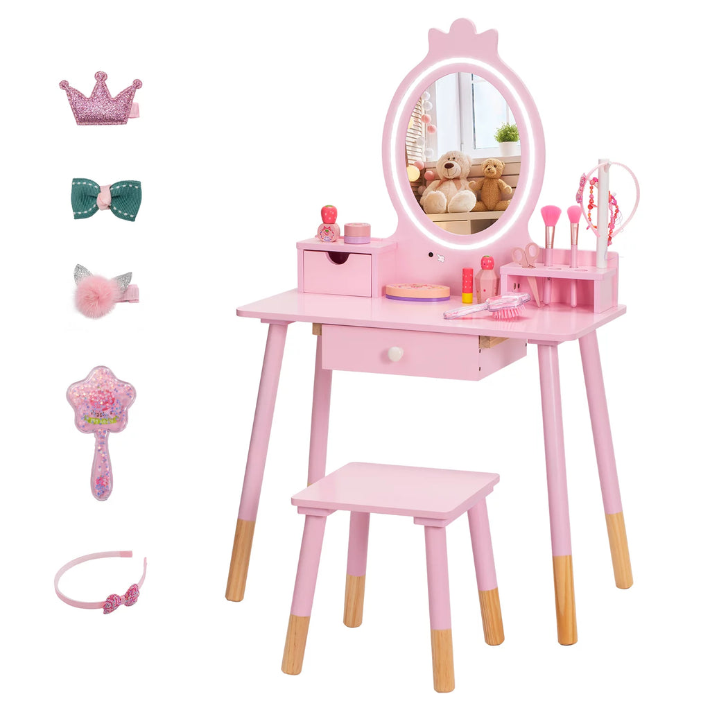 Kids Vanity Set with Mirror, Lights, Stool and Jewelry Rack C2537