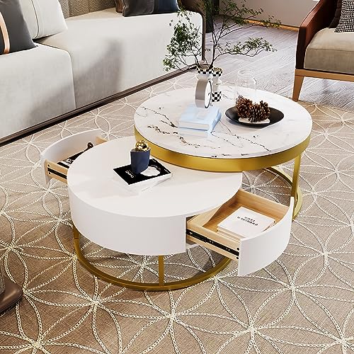 Round Lift-top Nesting Coffee Tables with 2 Drawers White & Natural Y3507