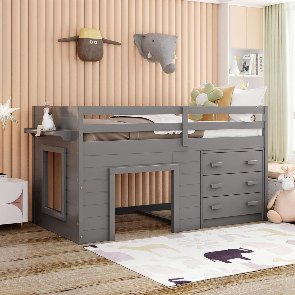 Twin Wooden Loft Bed with Storage Drawers and Cabinet T7630