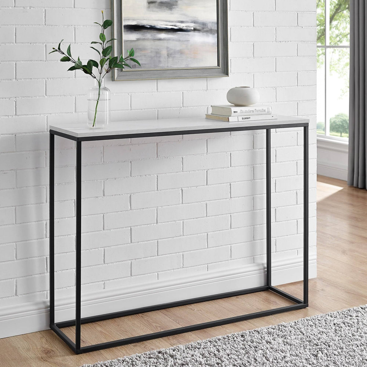 42-Inch Metal Entry Table White Faux Marble Gold Q7847