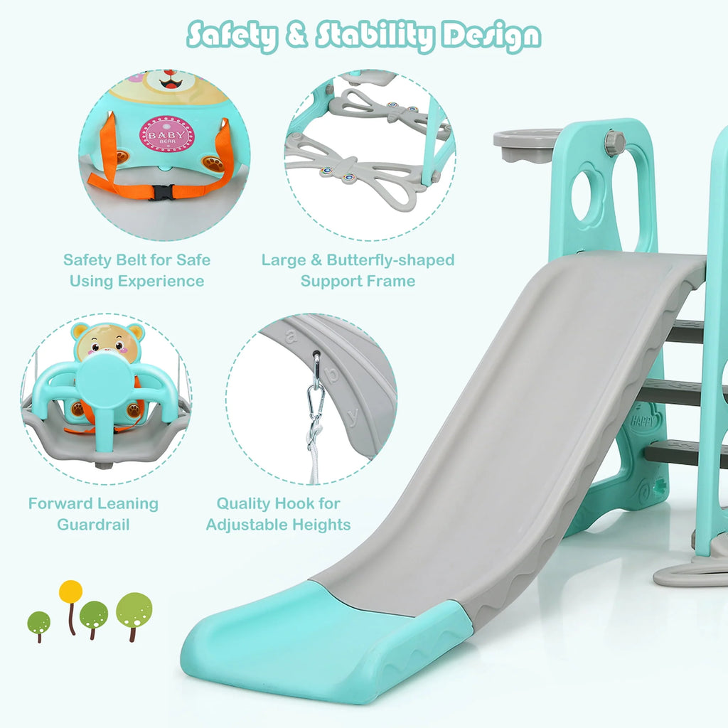 4-in-1 Toddler Climber and Swing Set with Basketball Hoop A7623