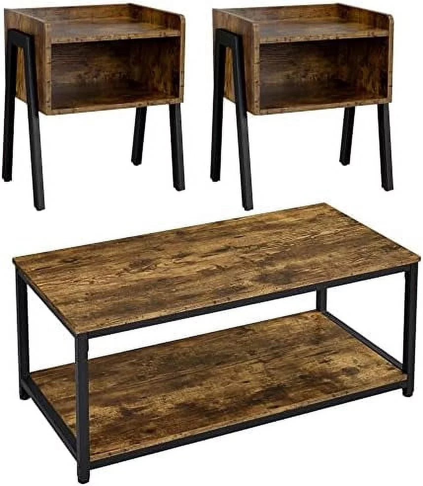 3-Piece Coffee Table & End Tables, Rustic Brown Wood R347333