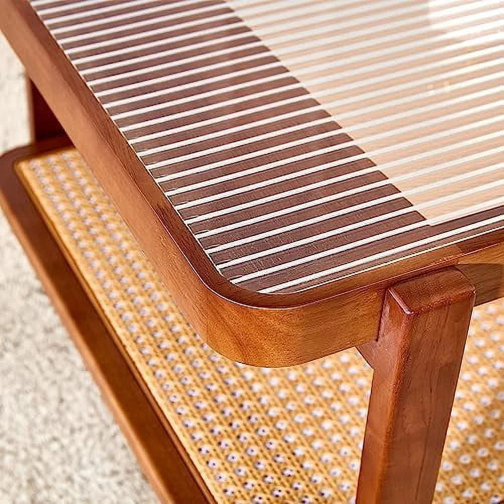 Rattan Woven Glass Desktop Round Double-Layer Solid Wood Coffee Table F99006