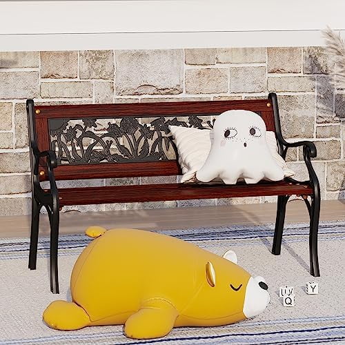 Outdoor Kids Bench Patio Mini Sized Garden Bench With Wooden Seat And Cast Iron Backrest S128480