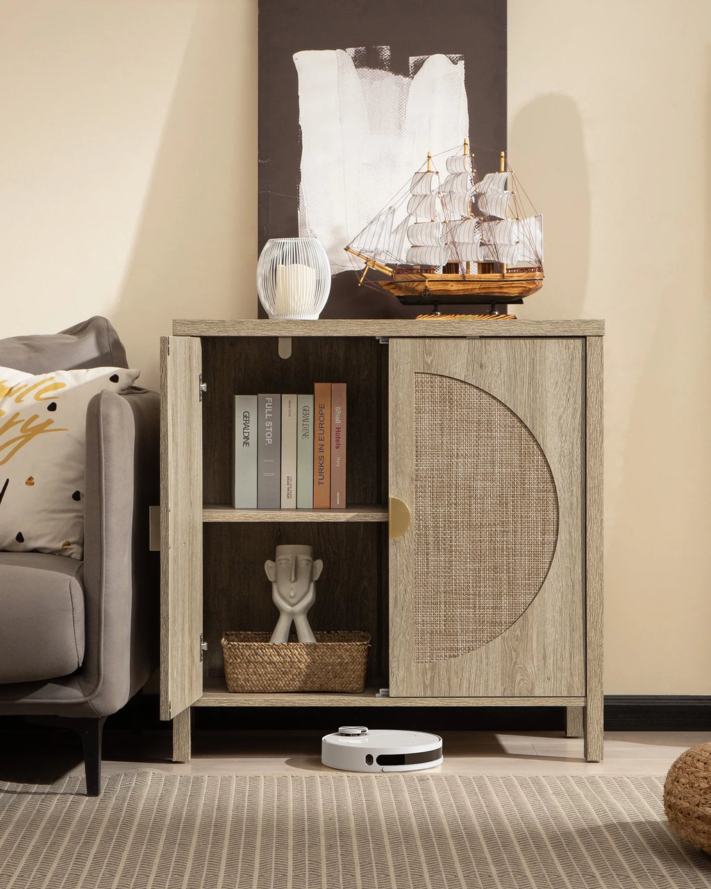 Oak Rattan Sideboard Storage Cabinet Set of 2 W5047