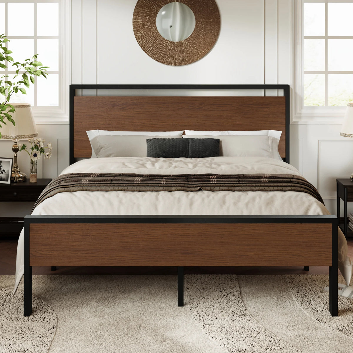 Queen Size Metal Platform Bed Frame with Wood Headboard and Footboard Z4458