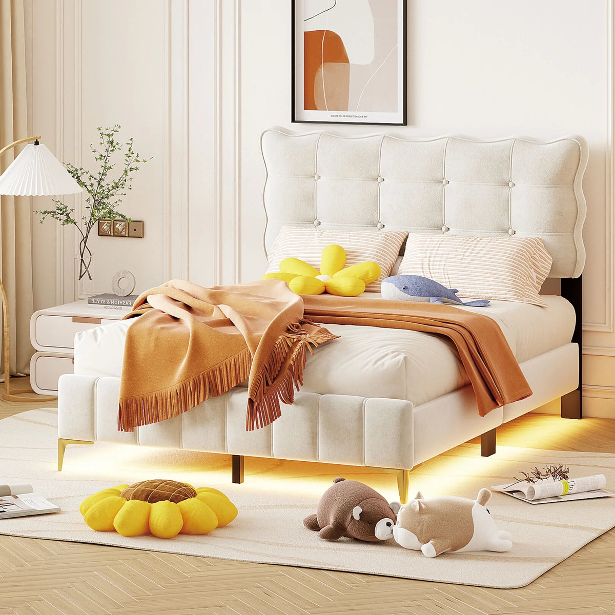 Full Size Beige Velvet Platform Bed with Headboard U48622
