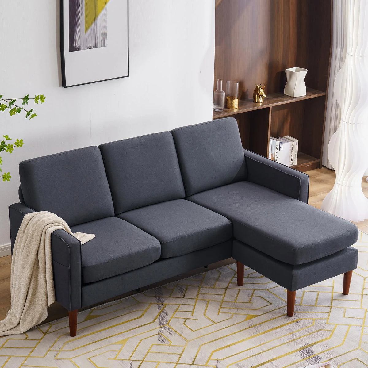 L Shaped Linen Fabric Convertible Sectional Sofa C862349