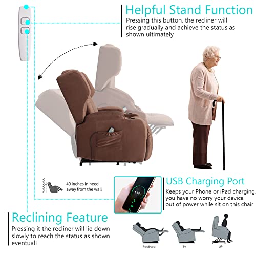 Velvet Electric Lift Recliner Chair with Massage and Heat, USB Ports, 2 Cup Holders U50793