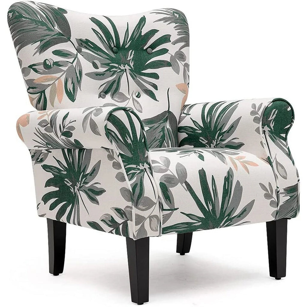Green Floral Upholstered Fabric Wing Back Arm Chair with Wood Legs V9773