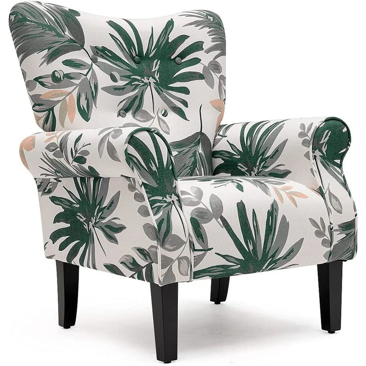 Green Floral Upholstered Fabric Wing Back Arm Chair with Wood Legs V9773