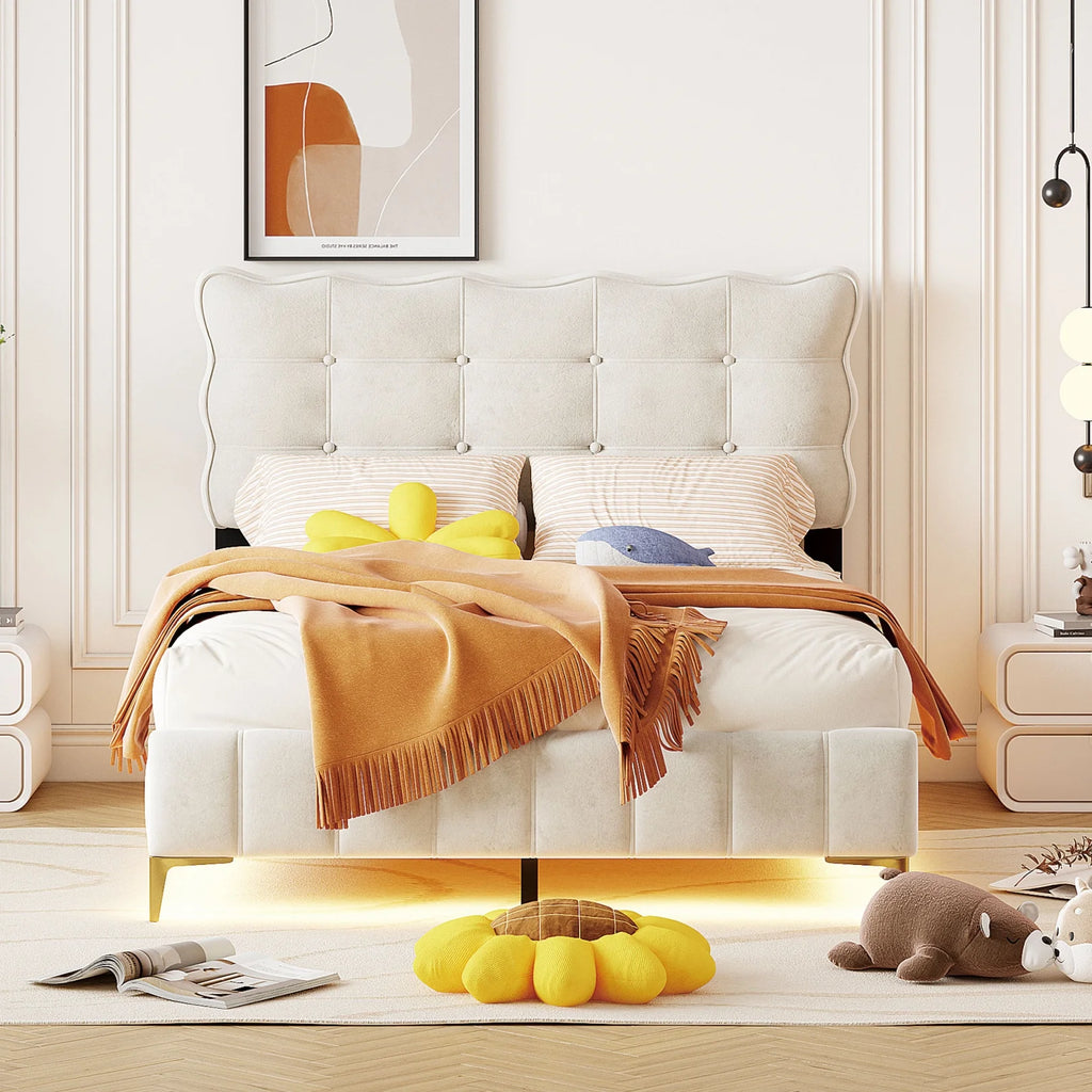 Full Size Beige Velvet Platform Bed with Headboard U48622