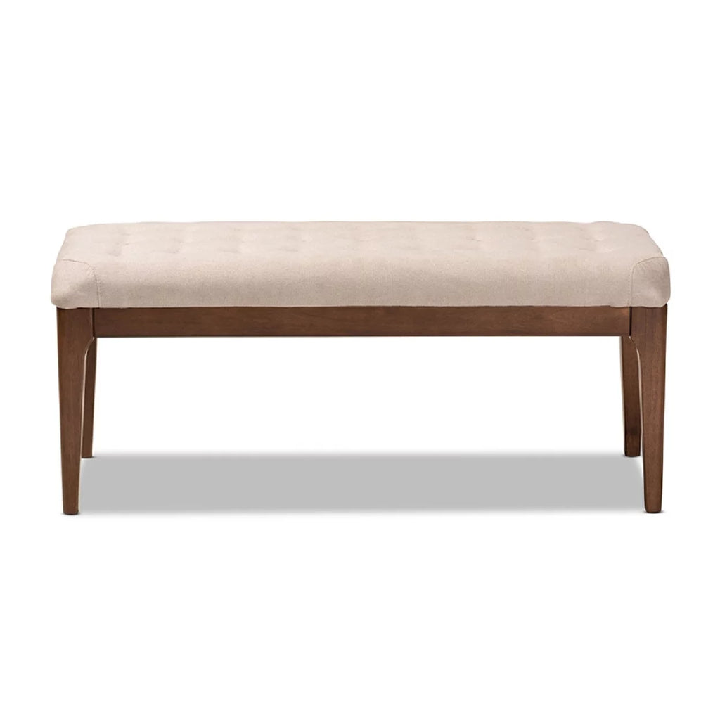 Beige Fabric Upholstered Walnut Brown Wood Dining Bench J661