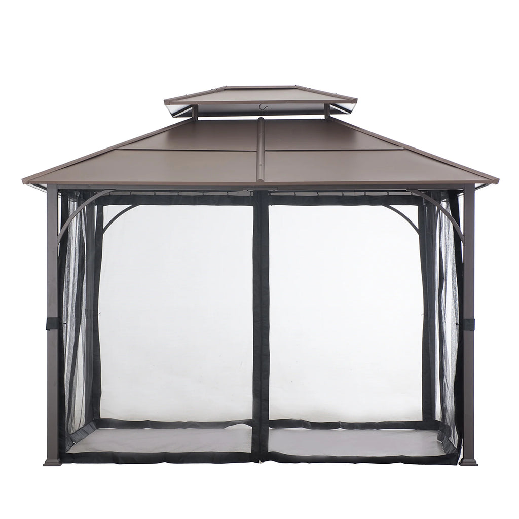 Brown 10x12 ft. Steel Frame 2-Tier Hardtop Roof Gazebo with Netting L535264