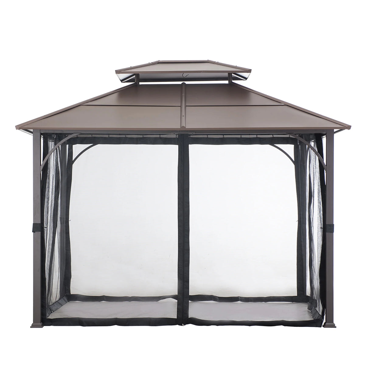 Brown 10x12 ft. Steel Frame 2-Tier Hardtop Roof Gazebo with Netting L535264